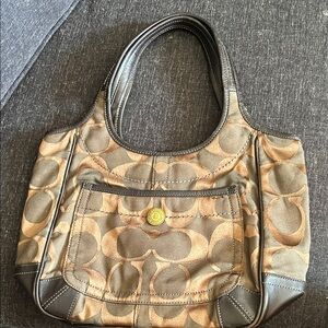 Coach Brown Signature Canvas Shoulder Bag with Dark Brown Trim